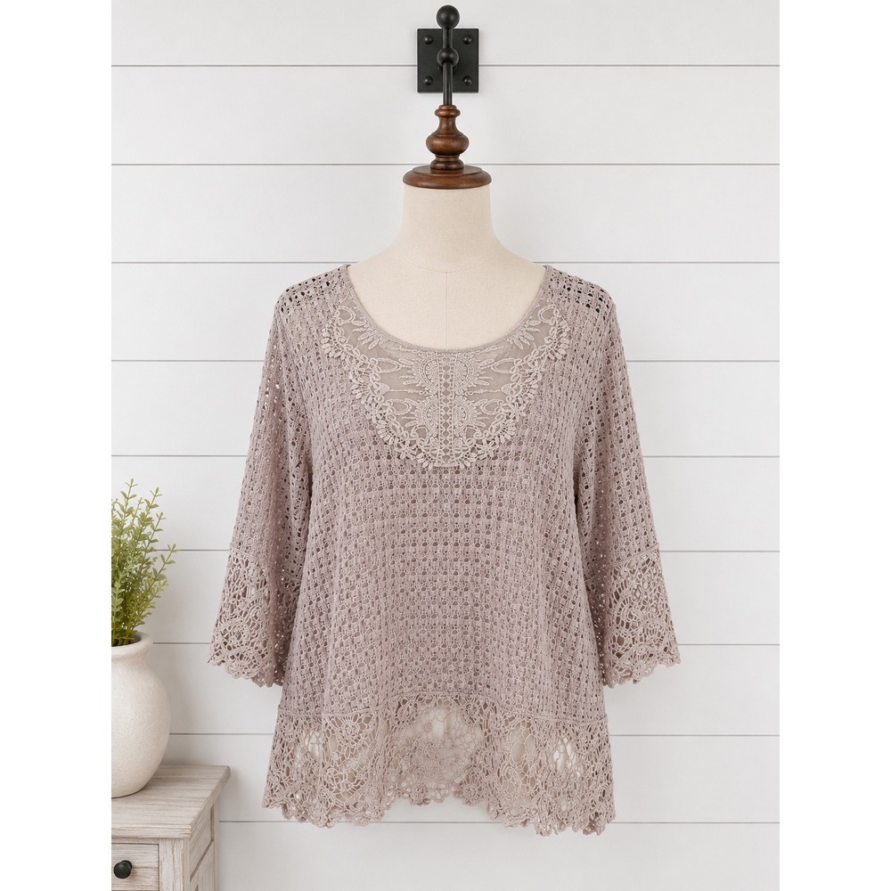 Umgee Crochet Open Knit Top Overlay Women Size 1x 1xl Lace Boho 3/4 Bell Sleeve